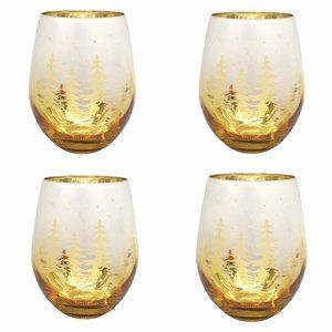 x4 Christmas Gold Pine Trees Stemless Wine Glass Set Frosted Winter Forest Stars